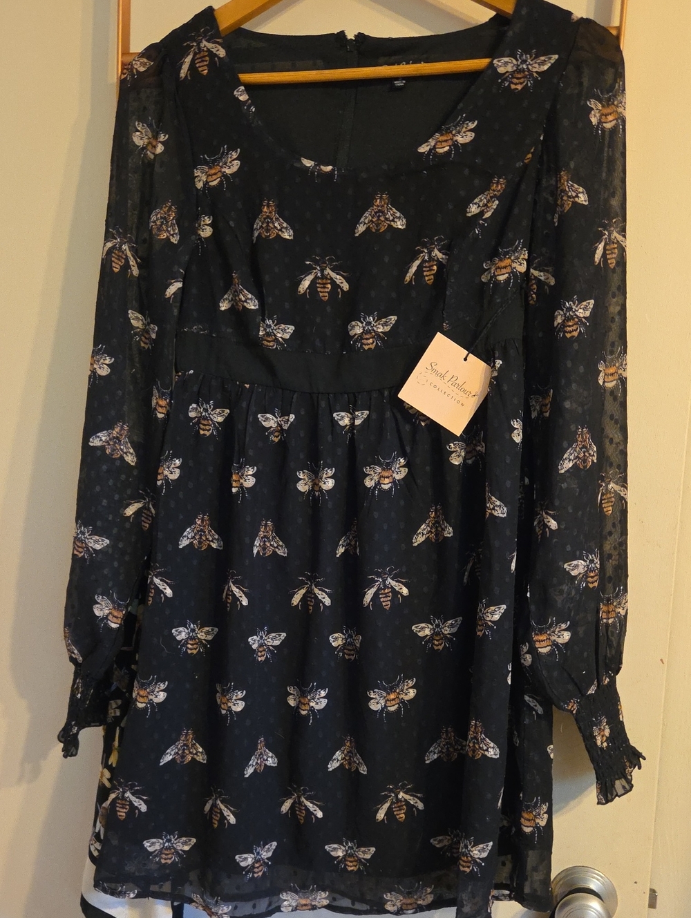 Smak Parlour Unique Vintage Mod Black Bee Print Long Sleeve Dress